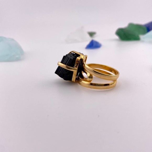 Natural Raw Black Tourmaline 18k Gold Plated Adjustable Ring - Picture 6 of 10